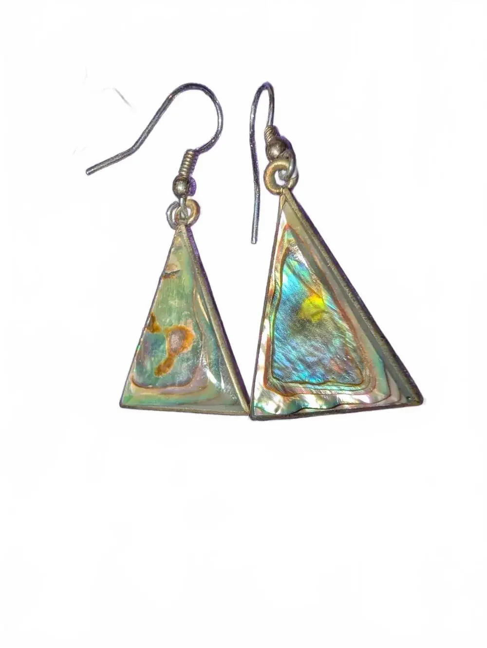 Vintage Alpaca Mexico Triangular Abalone Shell Dangle Earrings